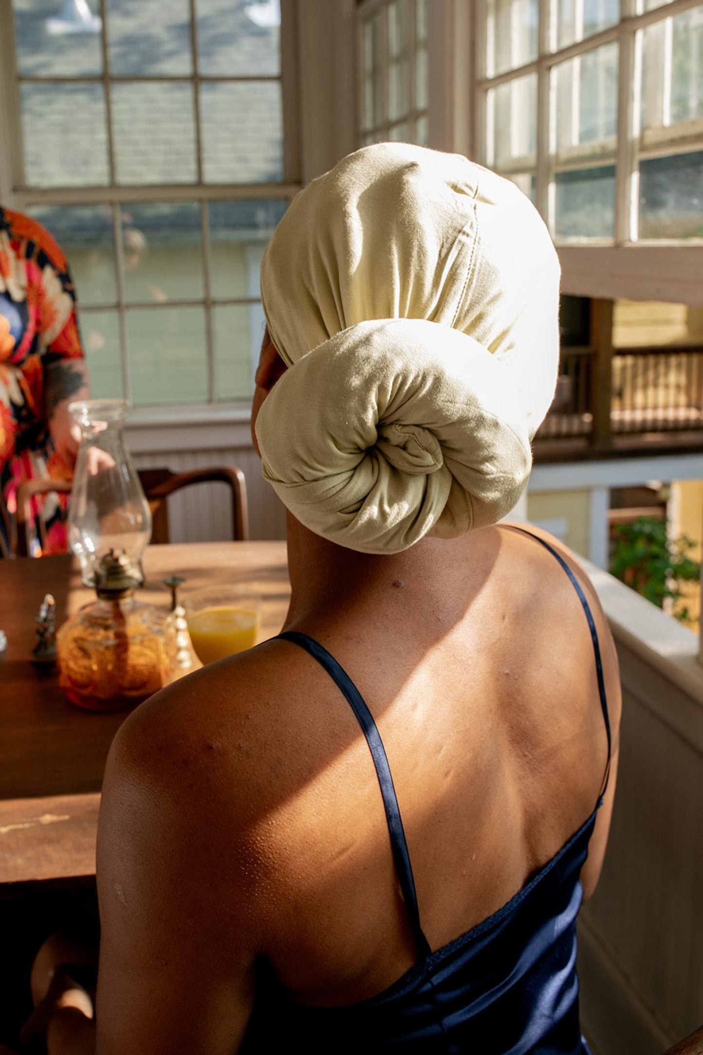 upclose picture of Capillum Bamboo Hair Towel in a cream color